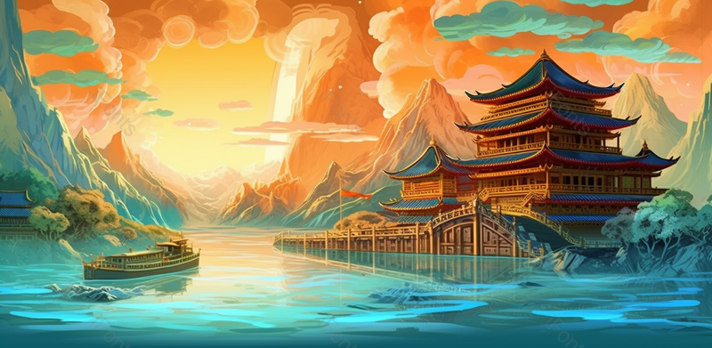 手绘国潮彩色山河祥云风景画,插画/手绘图,插画/手绘图库,插画/手绘图下载,插画/手绘